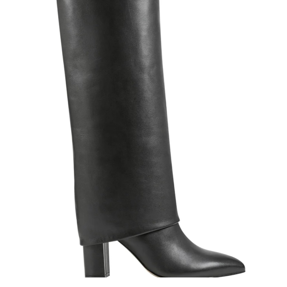 Black block heel pointy toe dress boot